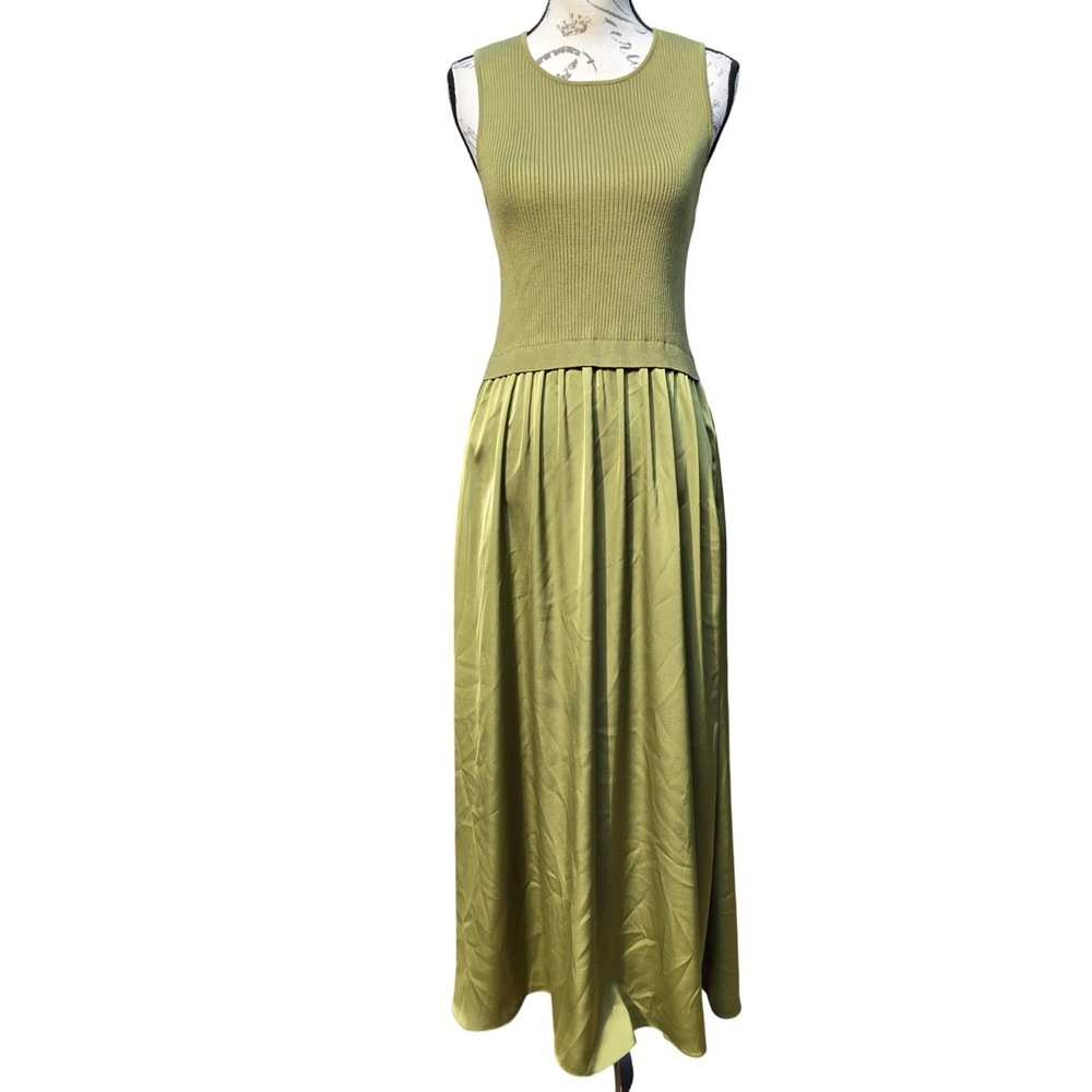 Taylor Mixed Media Knit to Satin Maxi Dress Olive Green Sleeveless Size M